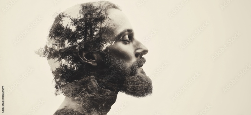 Poster Double exposure portrait of man with beard and trees, showcasing harmony between nature and humanity, artistic representation of inner thoughts and connection to environment, copy space for text