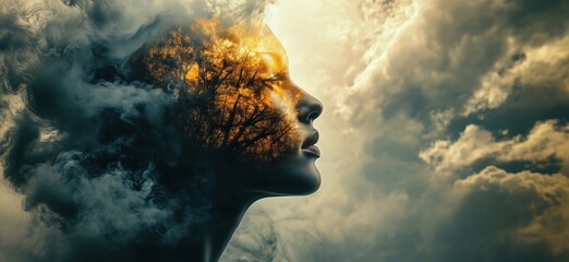 Surreal portrait of woman with nature and clouds merging, showcasing inner thoughts and emotions through vivid imagery of trees and smoke, copy space for text