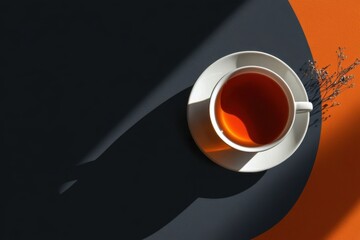 Minimalist design of a cup of tea on a dark surface with vibrant orange contrast for modern aesthetic