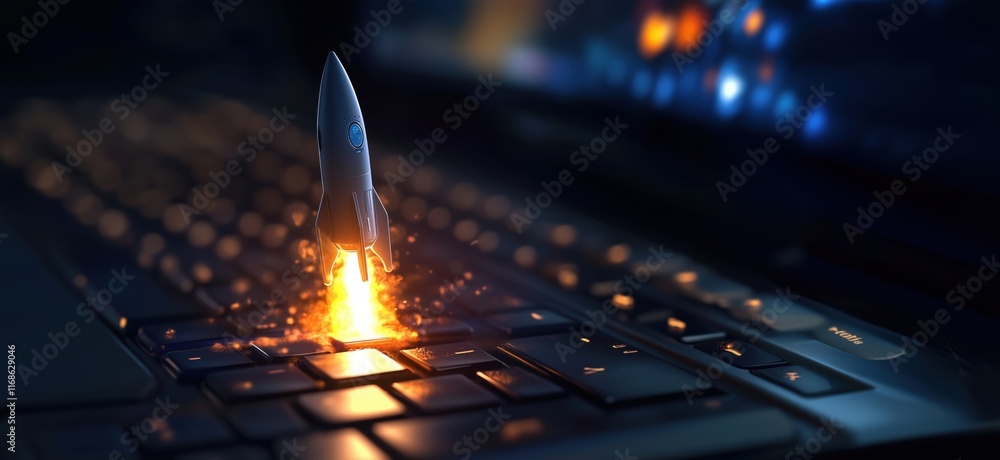 Poster rocket launching from computer keyboard, symbolizing technology and innovation in space exploration,