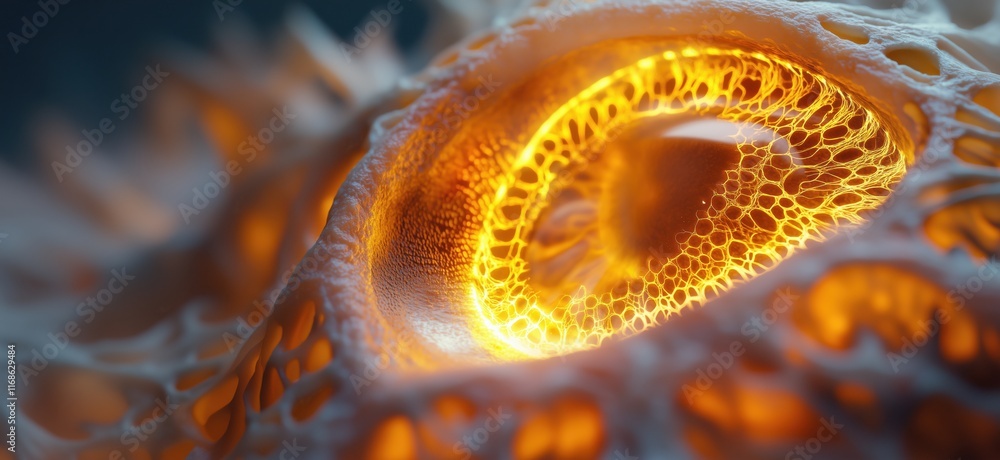 Poster intricate microscopic structure showcasing glowing organic patterns and textures, resembling cellula