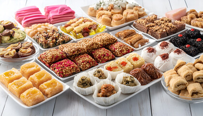 assorted of oriental food, mezze, on white wooden table