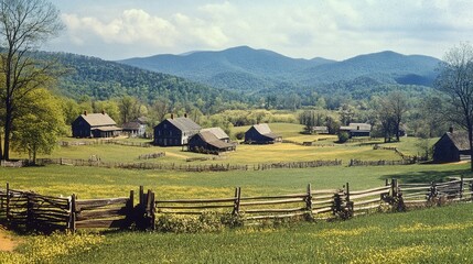 Obraz premium A picturesque view of Cades Cove in spring, with verdant fields, historic buildings, and the Smoky Mountains as a backdrop.