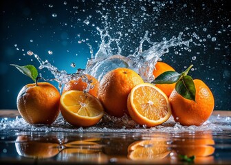 Fresh Oranges Splashing Water, Vibrant Citrus Fruit Photography