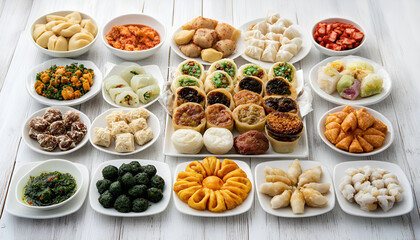 assorted of oriental food, mezze, on white wooden table