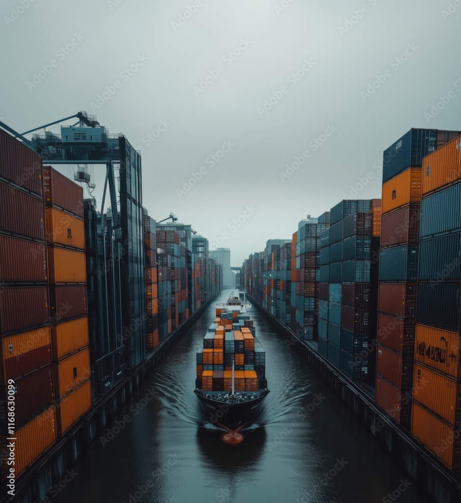 Poster container ship navigating through busy shipping port surrounded by towering cargo containers, copy s