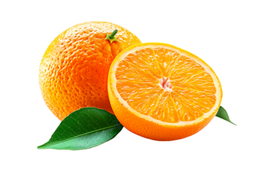 Fresh whole orange, juicy orange half, and vibrant green leaf isolated on white transparent background. Concept of tropical fruits and citrus freshness