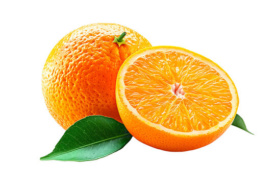 Fresh whole orange, juicy orange half, and vibrant green leaf isolated on white transparent background. Concept of tropical fruits and citrus freshness