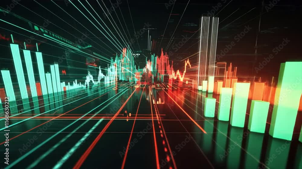 Poster Dynamic Data Visualization Colorful 3D Graphs and Charts Showcasing Financial Trends, Market Analytics, and Vibrant Insights into Data and Analytics.