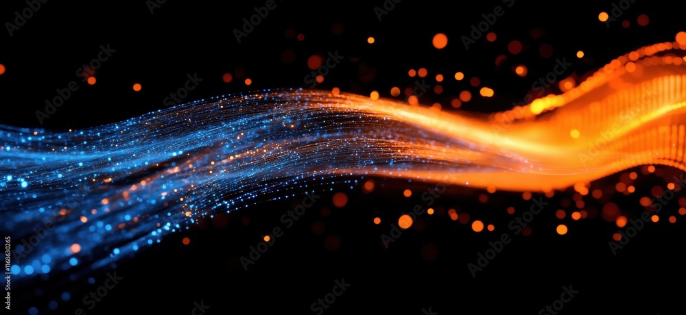 Poster dynamic flow of blue and orange light particles creating a mesmerizing wave effect against a black b