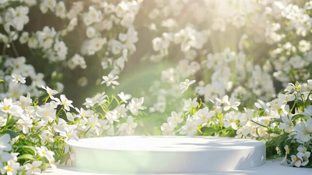 Podium flower product white 3d spring table beauty stand display nature white. Garden floral background cosmetic field scene gift day.