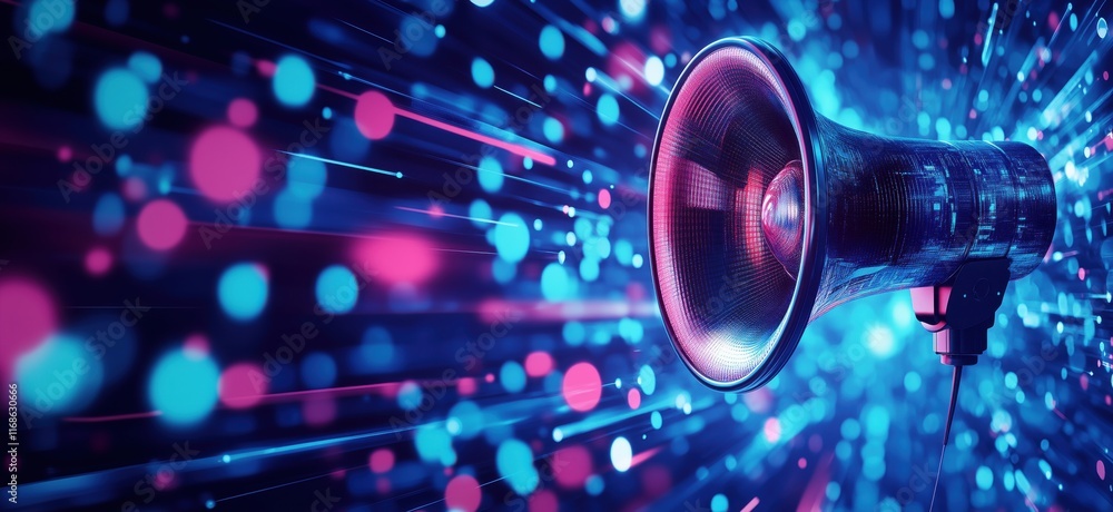 Poster vibrant sound waves emanating from a megaphone, colorful light trails and bokeh effects creating a d