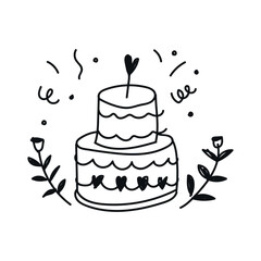 Hand-drawn chalk icon: retro and vintage wedding elements – a festive giant cake. Doodle-style vector illustration with playful, handwritten design