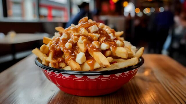 A classic poutine with crispy fries topped with cheese curds and rich brown gravy