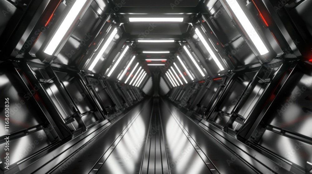 Poster 3d rendering of dark abstract sci-fi tunnel, futuristic triangle spaceship corridor