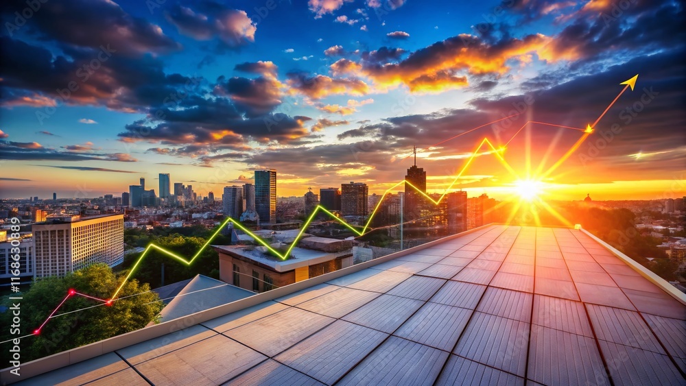 Aufkleber aerial drone view of colorful line chart data visualization on a building rooftop at sunset