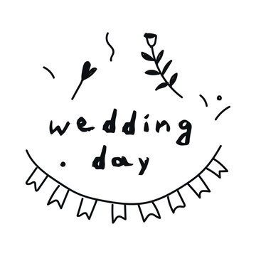 Hand-drawn chalk icon: retro and vintage wedding elements &ndash; flag garland and text wedding day. Doodle-style vector illustration with playful, handwritten design