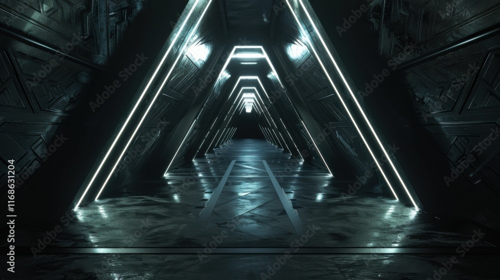 Poster 3d rendering of dark abstract sci-fi tunnel, futuristic triangle spaceship corridor