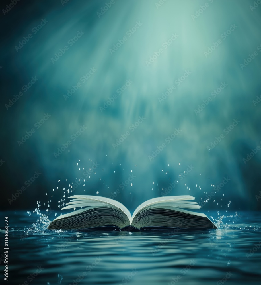 Poster open book floating on water with ethereal light and splashes, symbolizing knowledge and imagination,