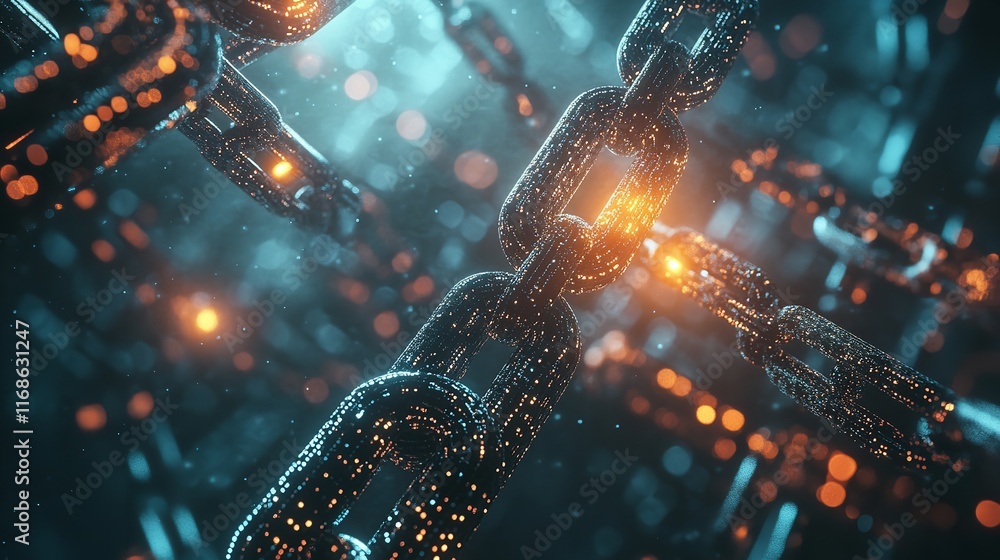 Poster abstract digital chain dark blue orange glowing links technology background 3d web data light cyber
