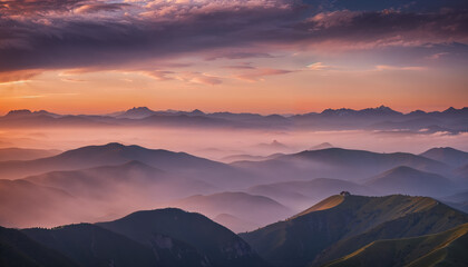 Fototapeta premium Majestic mountain ranges in caucasus during a vibrant sunset, with fog filling the valleys, creating a breathtaking landscape