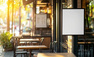 Blank signboard on cafe exterior, sunny day.