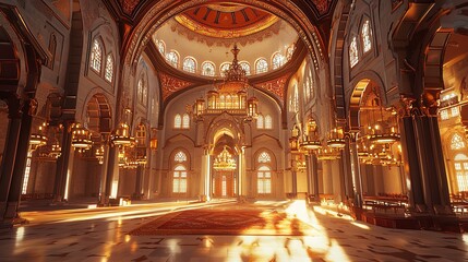 Obraz premium A breathtaking 3D background showcasing the interior of a majestic mosque decorated with intricate Islamic motifs, lanterns, and arches in celebration of Eid al-Adha