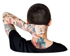 Tomboy png back view sticker, non-binary person transparent background