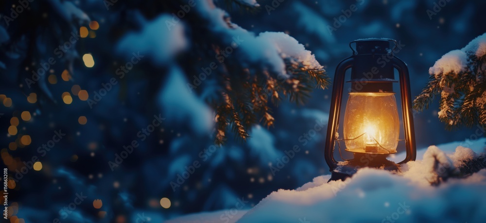 Poster glowing lantern illuminating snowy landscape at night, surrounded by snow-covered branches and soft 