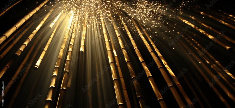Poster bamboo forest with sunlight and sparkles creating ethereal atmosphere, copy space for text