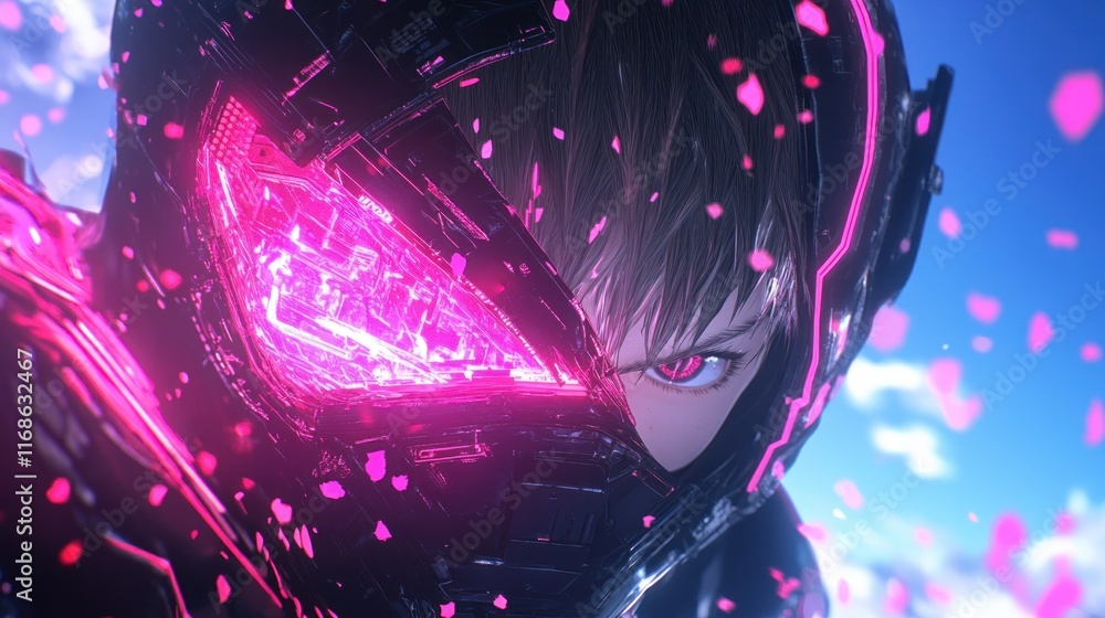 Aufkleber A close-up of a character in a futuristic helmet with glowing elements and petals.