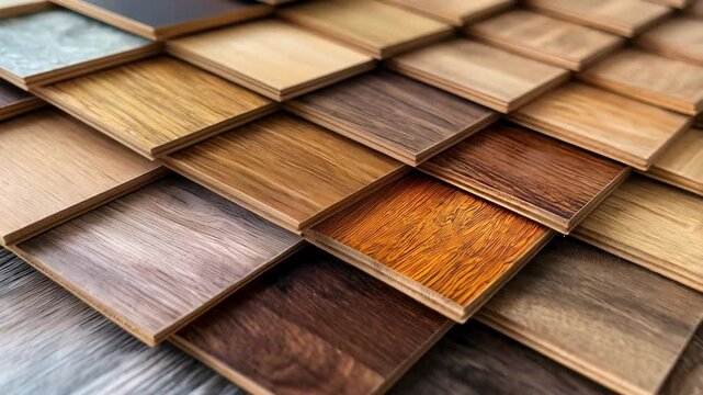 A variety of wooden flooring samples neatly displayed, each showing different grains and color