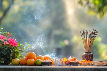 Incense burning with offerings of fruit and flowers in a spiritual ceremony