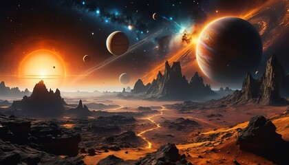 Fantasy of Far view of solar system with Milky Way background