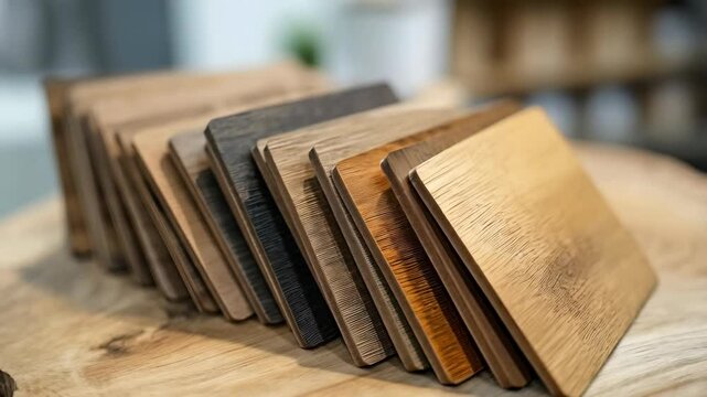 Stacked wooden veneer samples, showcasing various finishes and textures on a wooden surface