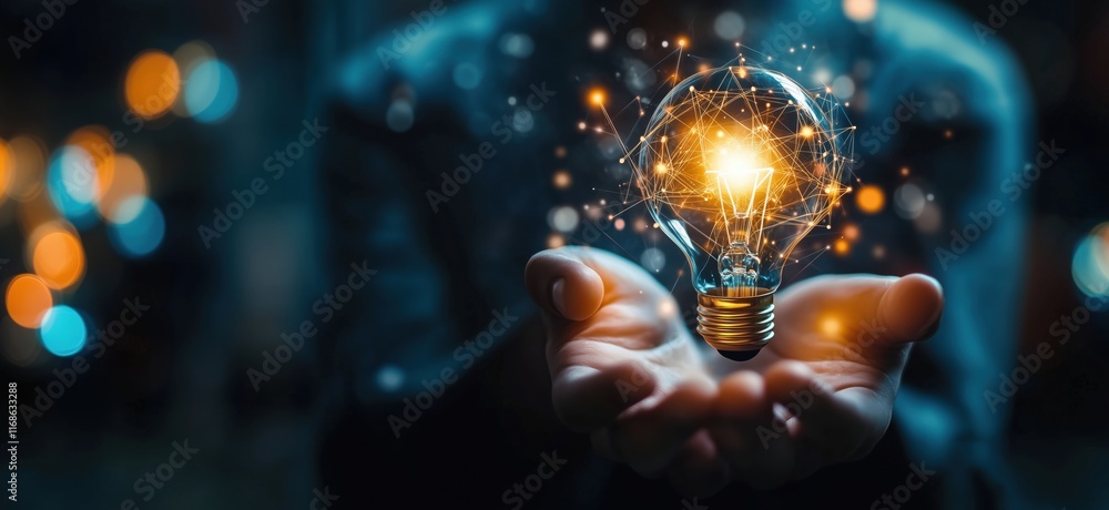 Aufkleber illuminating ideas: hands holding glowing light bulb with sparkling connections and bokeh background
