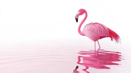 Fototapeta premium A pink flamingo stands gracefully in calm water, reflecting its vibrant colors.