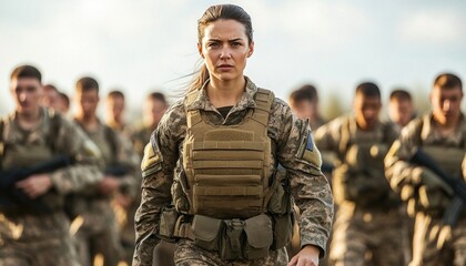 Fototapeta premium Determined female soldier leading troops on a mission, demonstrating courage and strength