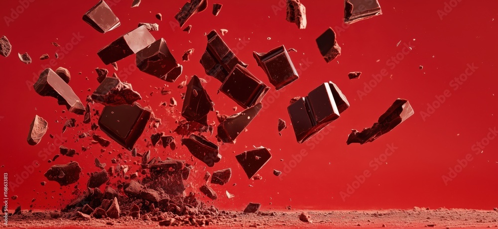 Poster exploding chocolate pieces in mid-air against red background, captivating visual of chocolate fragme