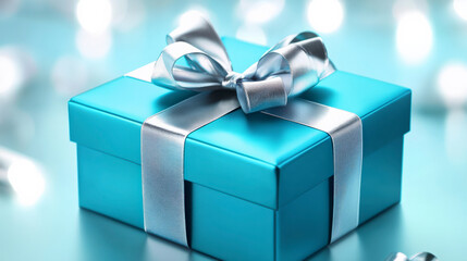 Obraz premium Vibrant Blue Gift Box with Shiny Silver Ribbon for Valentine's Day