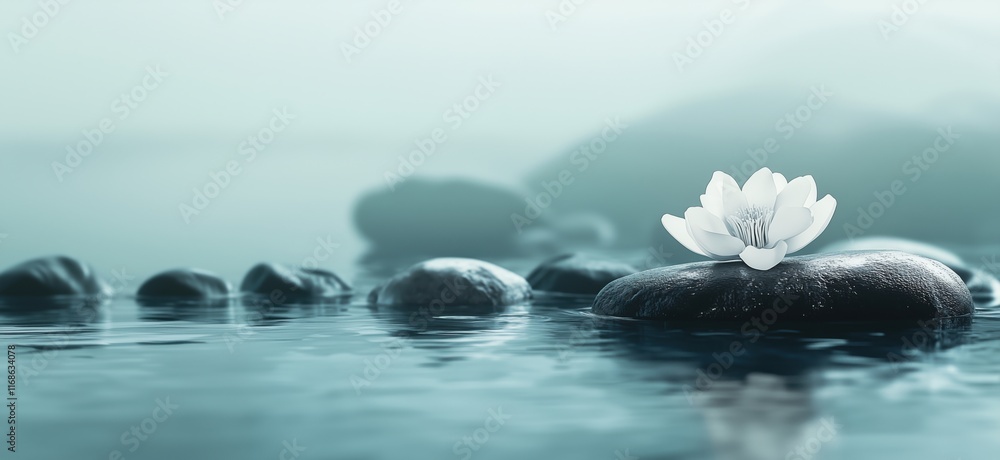 Poster serene white lotus flower on smooth stones in tranquil water setting with soft misty background, cop