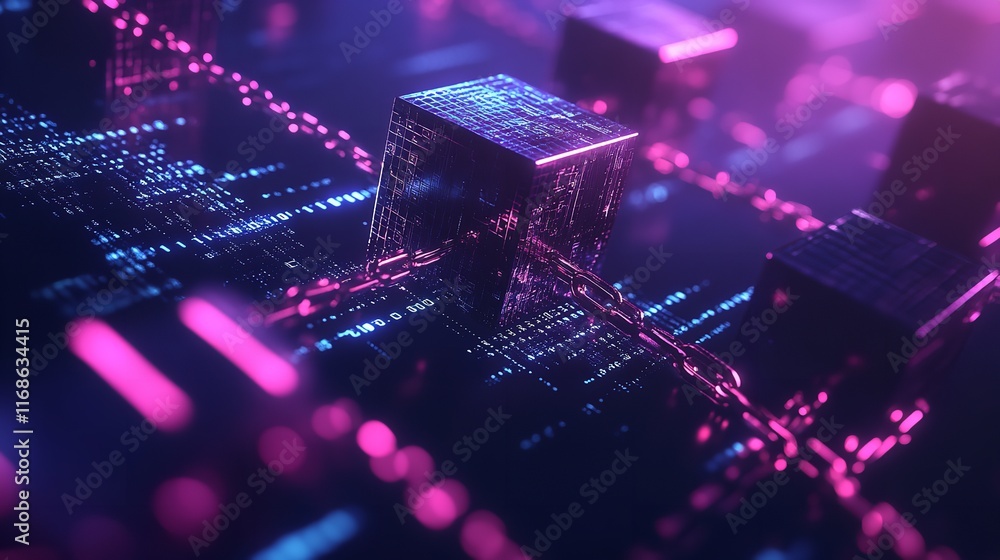 Poster abstract digital cubes neon glow network technology background 3d data code pink blue shiny lines