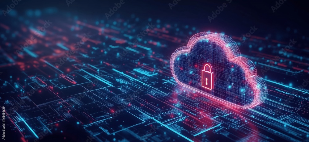 Poster cloud computing security concept with digital cloud and padlock symbol, representing data protection