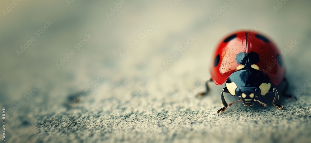Poster ladybug close-up showcasing vibrant red shell, black spots, and intricate details on textured surfac