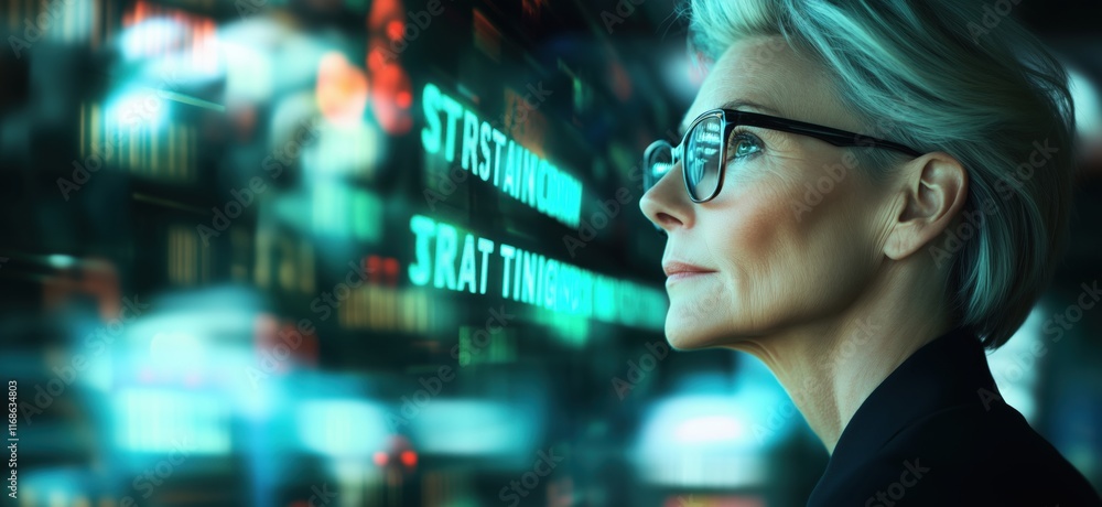 Poster businesswoman analyzing data trends in high-tech environment with futuristic displays, copy space fo