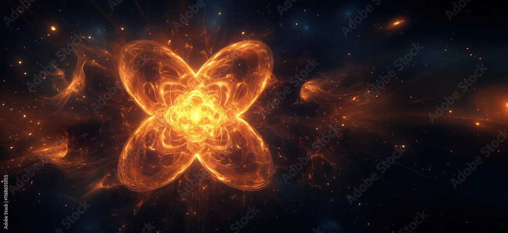 Poster cosmic orange fractal flower shape radiating energy in deep space, surrounded by stars and glowing p