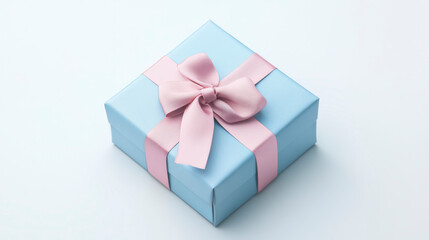 Obraz premium Gift Box with Matte Pink Ribbon Against a Soft Blue Sky Background