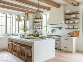 Elegant Farmhouse Kitchen Island and Rustic Beams