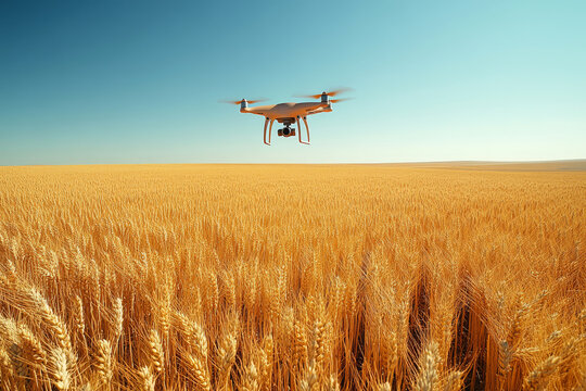 A drone hovers above expansive golden wheat fields, gathering crucial crop data through its advanced sensors under a clear blue sky