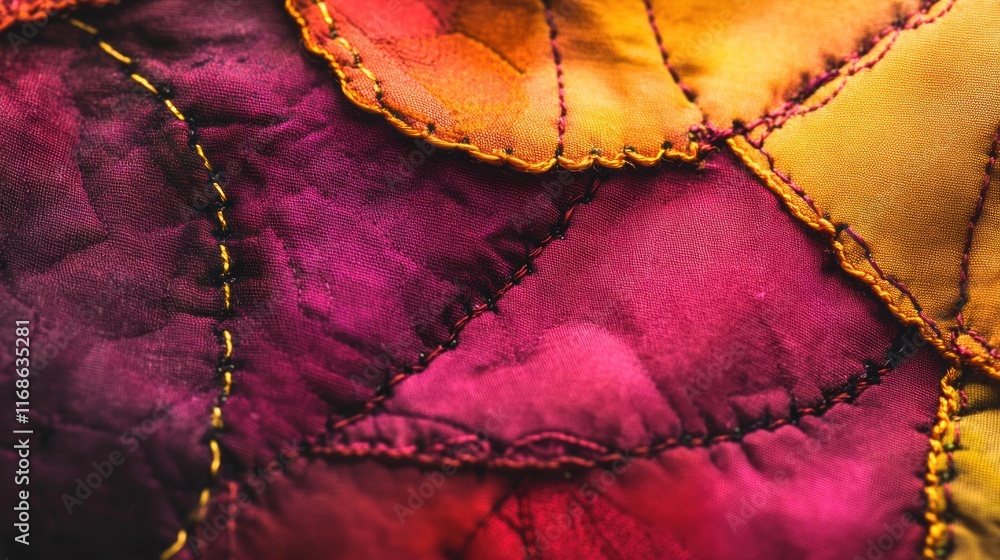 Poster A close-up of a colorful quilt showcasing intricate stitching and vibrant fabric patterns.